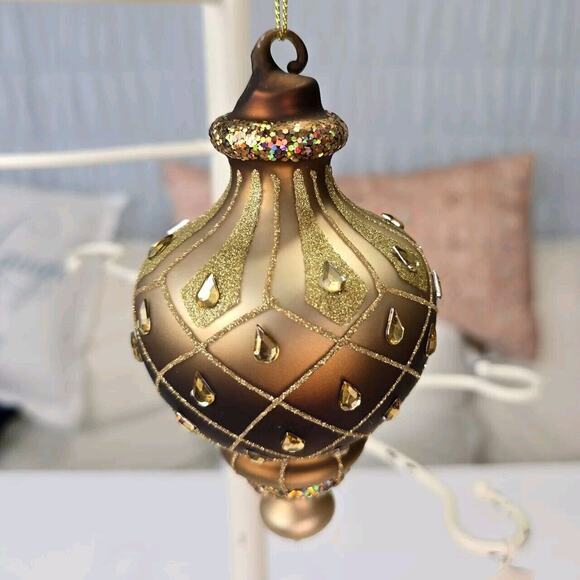 Blown Glass Finial Christmas Ornament Bronze Rhinestone Glitter - Picture 3 of 7